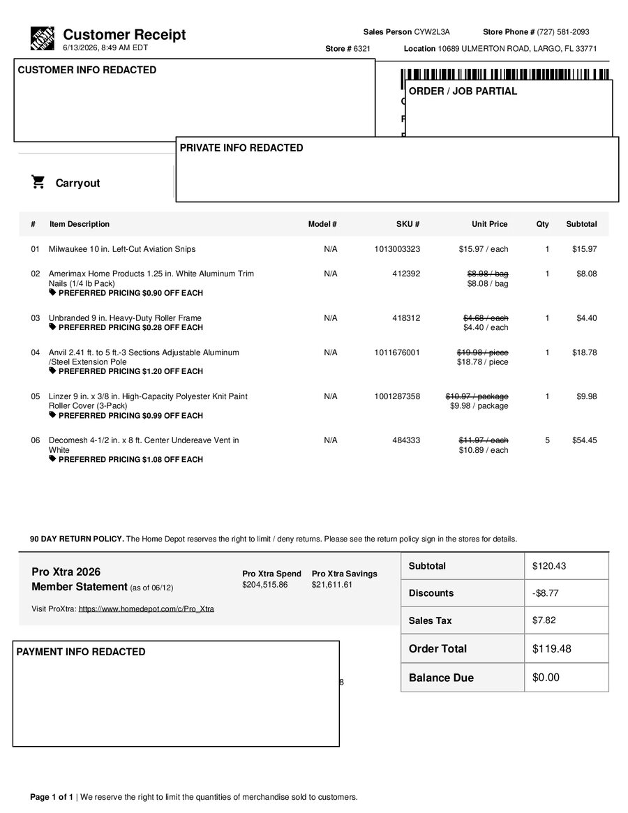 H6321 539010 Receipt